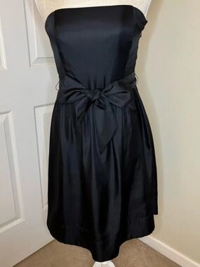 White House Black Market Strapless Black Satin Dress with Waist Tie